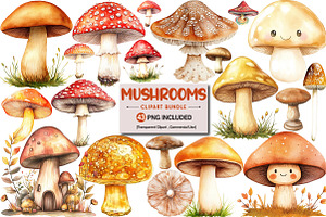 Watercolor Mushrooms Clipart Bundle, an Illustration by Pixels.Craft