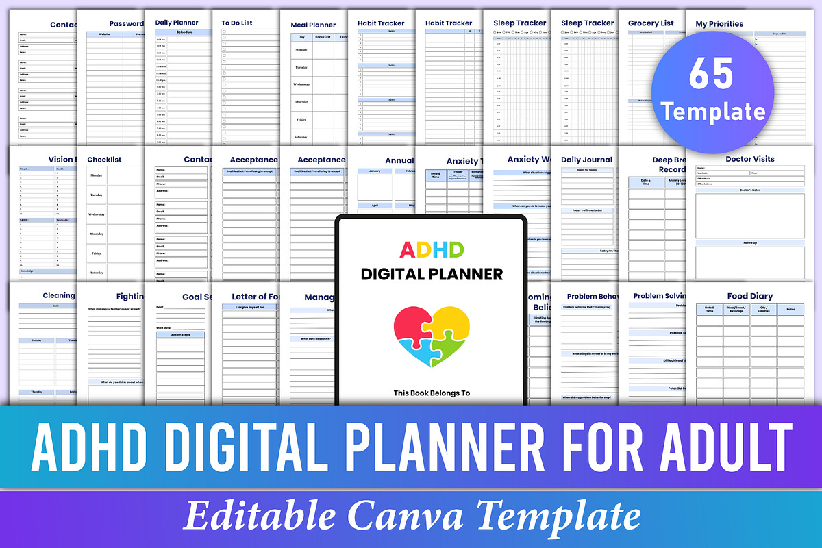 Editable ADHD Digital Planner Canva