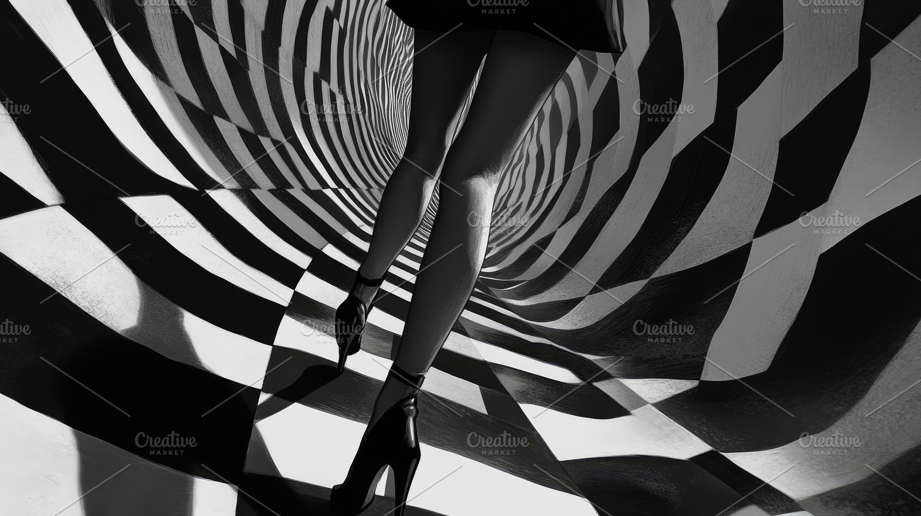 black and white tunnel and female legs and geometric lines, a Photo by Pictures for you!!!!!!!!!