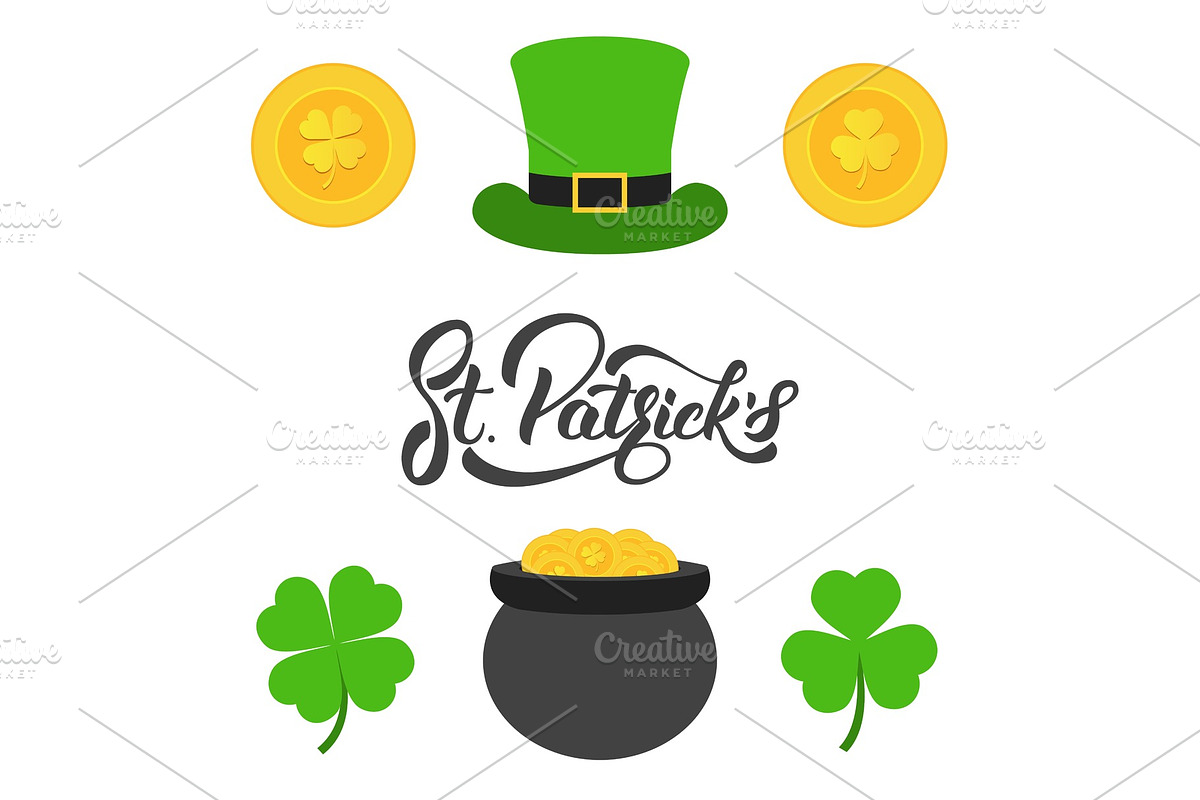 Saint Patrick's Day. Lettering, gold coins, clovers and cylinder hat. Set of elements for Patrick's Day, a Decorative Illustration by Max Letters