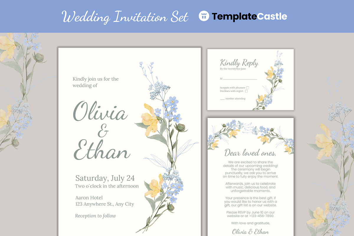 Floral Wedding Invitation Set, an Invitation Template by TemplateCastleStore (Photo 1 of 8)