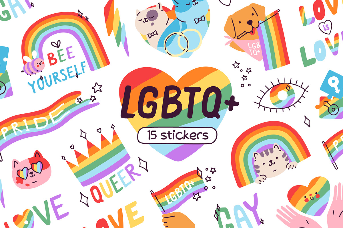 LGBT stickers with rainbow flags set, an Object Illustration by Good Studio (Photo 1 of 5)