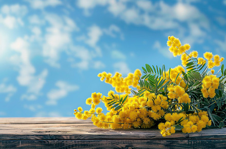 Mimosa flowers on wooden table on blue sky background, a Nature Photo by AlyaAnd
