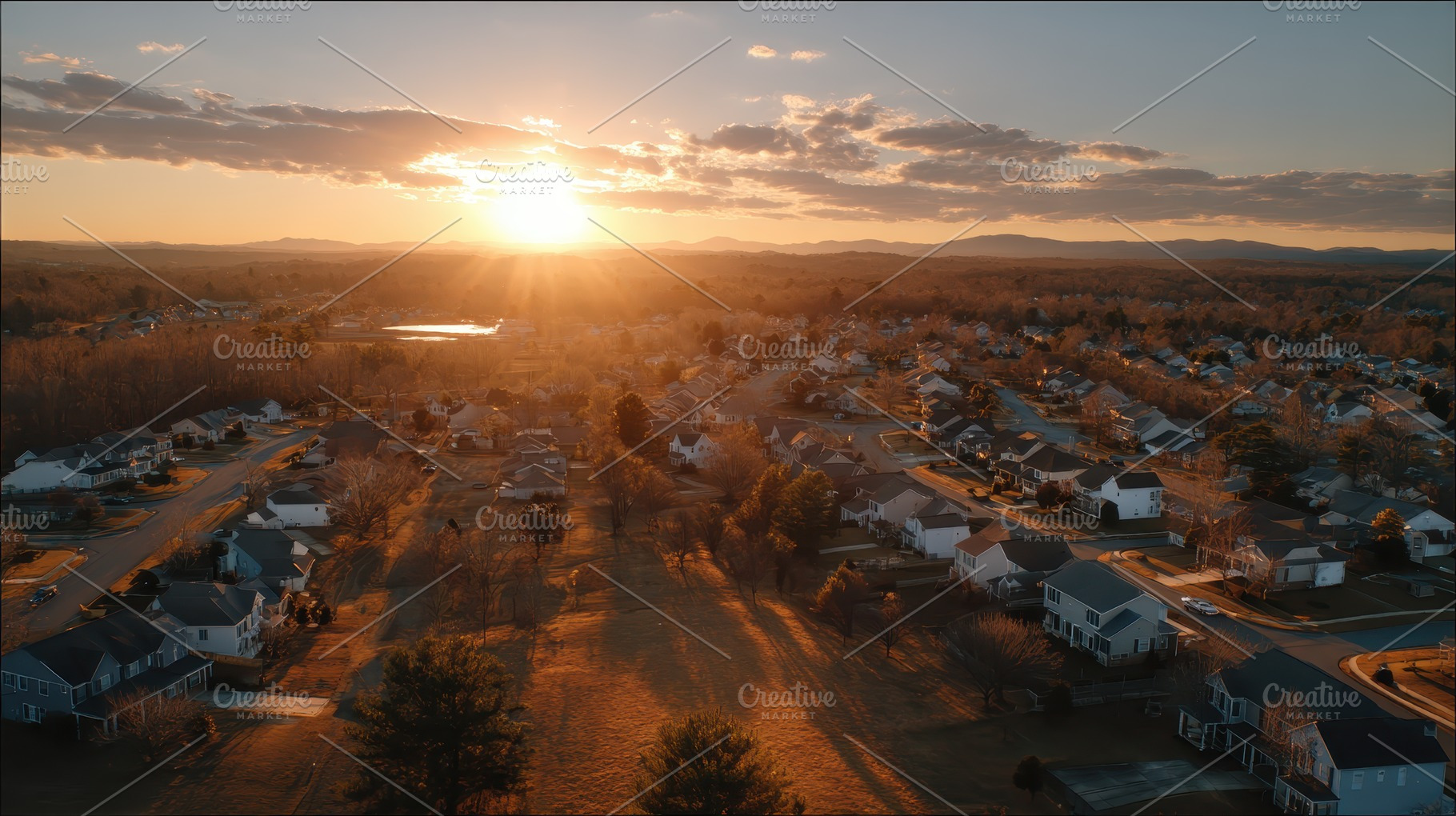 Golden Sunset Over Suburban Neighbor, a Photo by Pixeness Studio