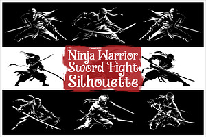 Martial Arts Ninja Silhouette Set, an Illustration by hafijul