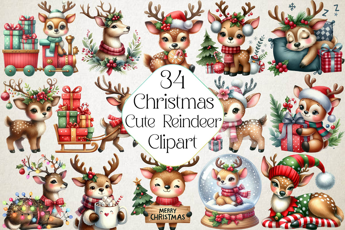 Cute Christmas Reindeer Clipart, an Illustration by DreamPrint404 (Photo 1 of 5)