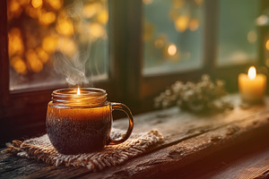 Cozy lit candle in ceramic mug on rustic wooden table by window, a Holiday Photo by José Manuel Gelpi