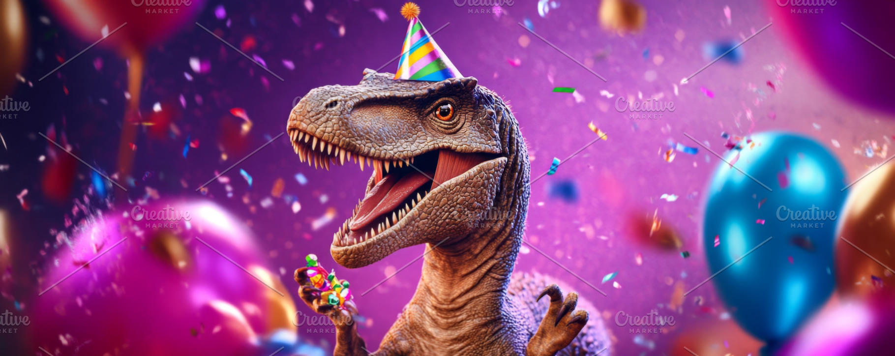 Blue Dinosaur Celebrating with Party Hat and Balloons, an Abstract Photo by Natalia Klenova's Shop