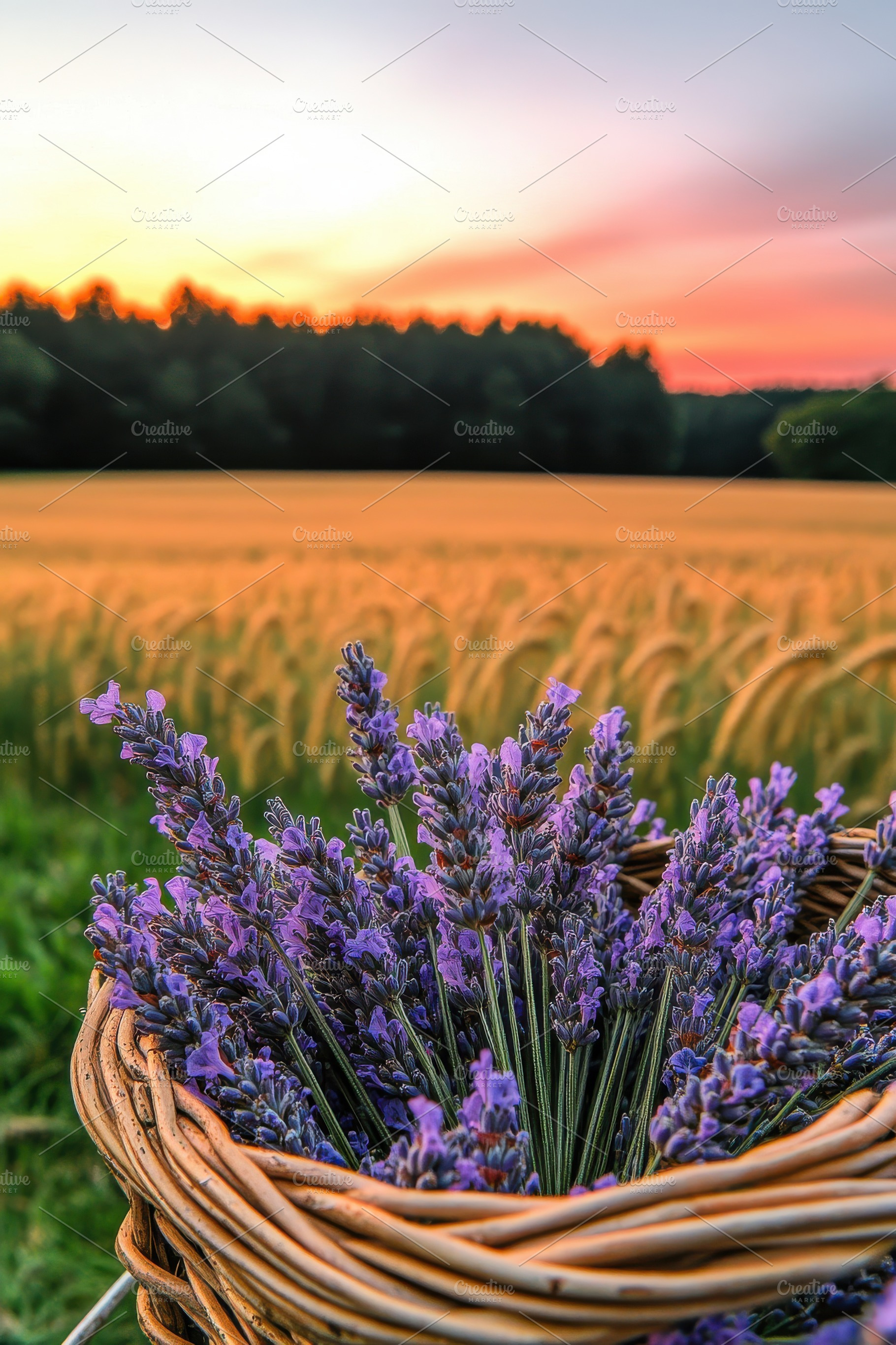 Basket of Lavender in Wheat Fields, a Nature Photo by Virgo Studio
