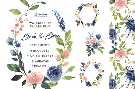 Blush and Blue Watercolor Flowers