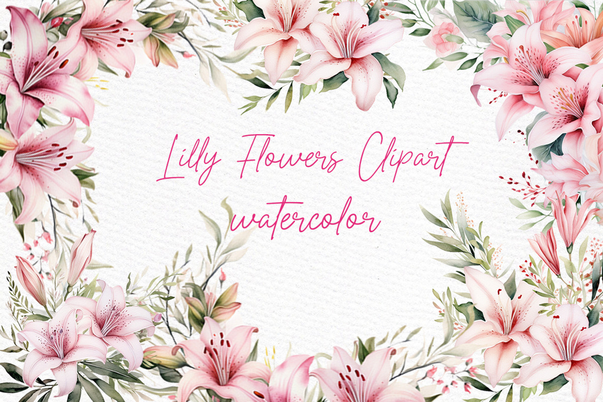 Pink Lily Flowers Clipart Watercolor, a Decorative Illustration by LeCoqDesign (Photo 1 of 5)