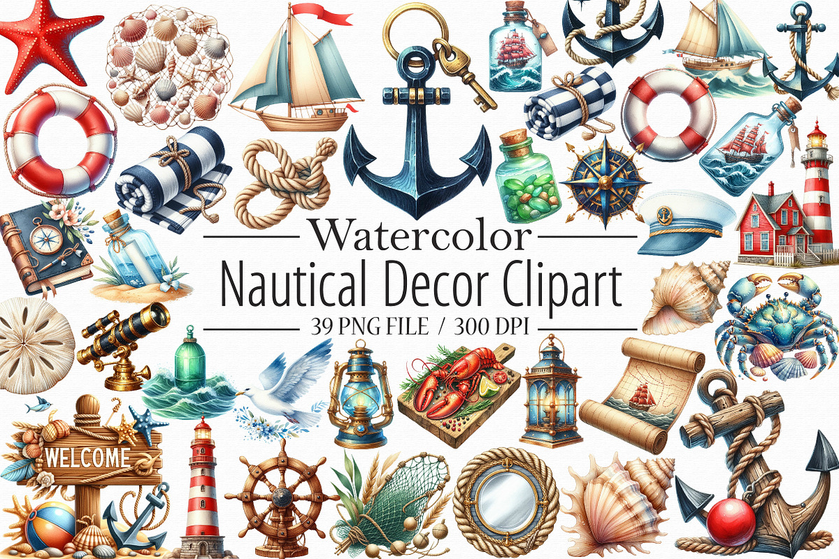 Watercolor Nautical Decor Clipart, an Illustration by Libby Wishes (Photo 1 of 7)