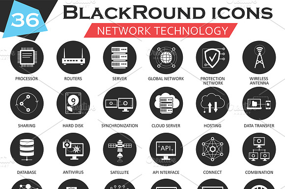 36 Network Technology Circle Icons.