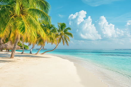 Pristine Tropical Beach With Palm Tr, a Photo by Tanuart