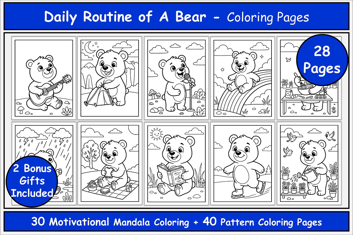Bear Daily Routine Coloring Pages, an Animal Illustration by Lamia Emad (Photo 1 of 5)