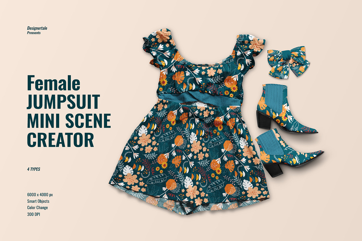 Female Jumpsuit Mini Scene Creator, an Apparel Mockup by Designertale (Photo 1 of 6)