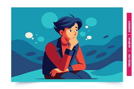 Man blue hair thoughtful, an Illustration by Tanuart