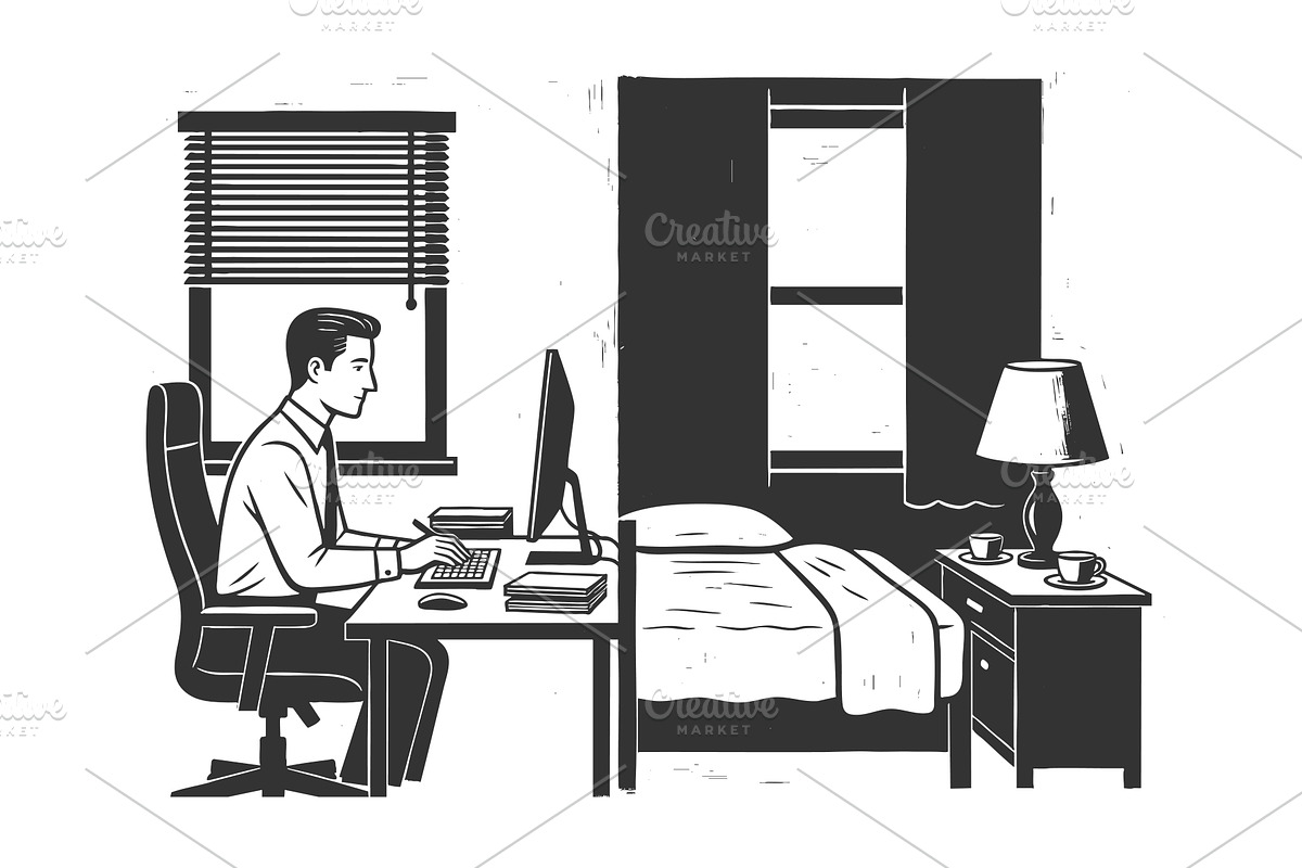 Man Working from Home Office in, a Person Illustration by AlexArt