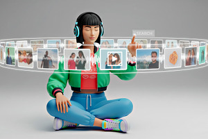 3D girl interacting with a holograph, a Technology Photo by angellodeco