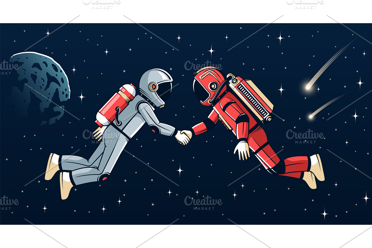 Two astronauts shaking hands in, a Technology Illustration by Agor2012 shop