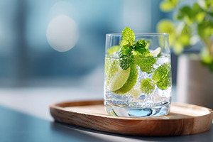 Refreshing cocktail with lime and mint served on a wooden tray in a bright sett, a Food & Drink Photo by AlyaAnd