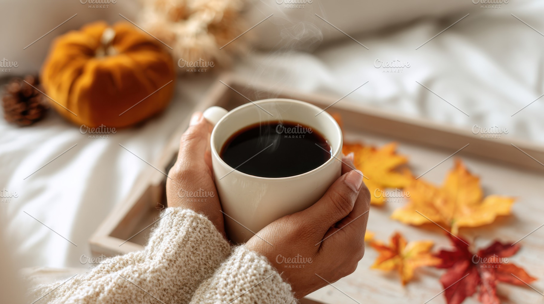 Cozy fall morning, coffee  leaves, a Photo by Beautiful things