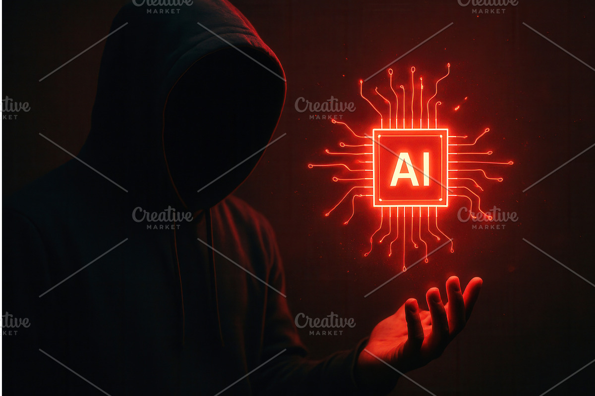 A faceless person in a dark hoodie, a Technology Illustration by Sergey Kotenev