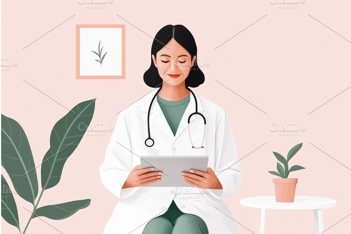 Female Asian doctor in a white coat, a Healthcare Illustration by Sergey Kotenev