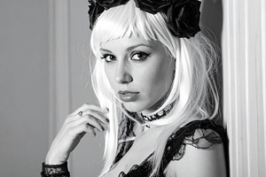 beautiful goth woman portrait in bw, AI generated, a Photo by WorldOfPhotos