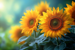 Closeup of blooming sunflowers with vibrant yellow petals and gr, a Nature Photo by José Manuel Gelpi