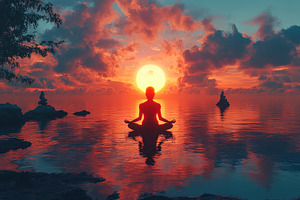 Meditating person by the tranquil se, a Photo by Tanuart