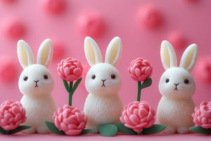 Cute white bunnies surrounded by pin, a Photo by Tanuart