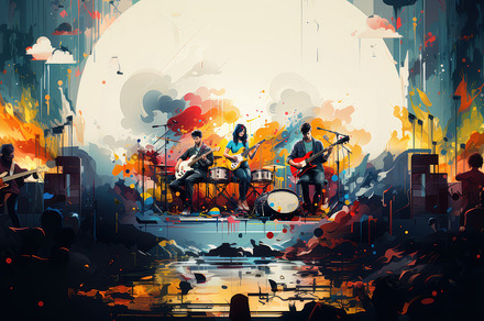 Colorful Music Festival Illustration Featuring a Live Band Performance with Aud
