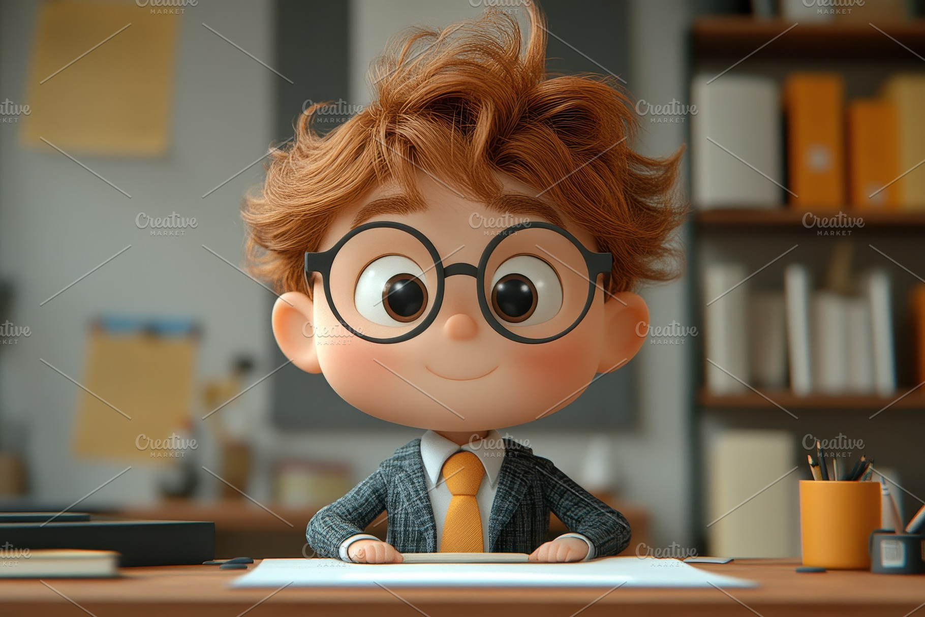 Young boy smiling while studying at, a Photo by Tanuart
