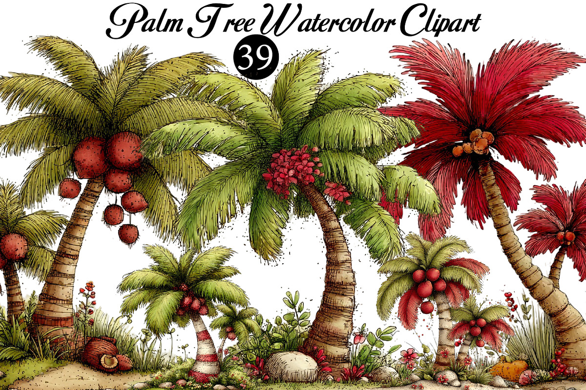Palm Tree Watercolor Clipart, an Illustration by DreamArtGraphic (Photo 1 of 8)