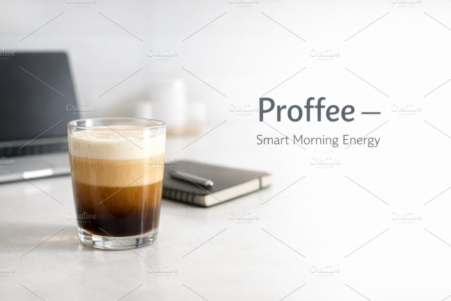 Proffee drink in a glass on a table, a Photo by Dvoevnore photos