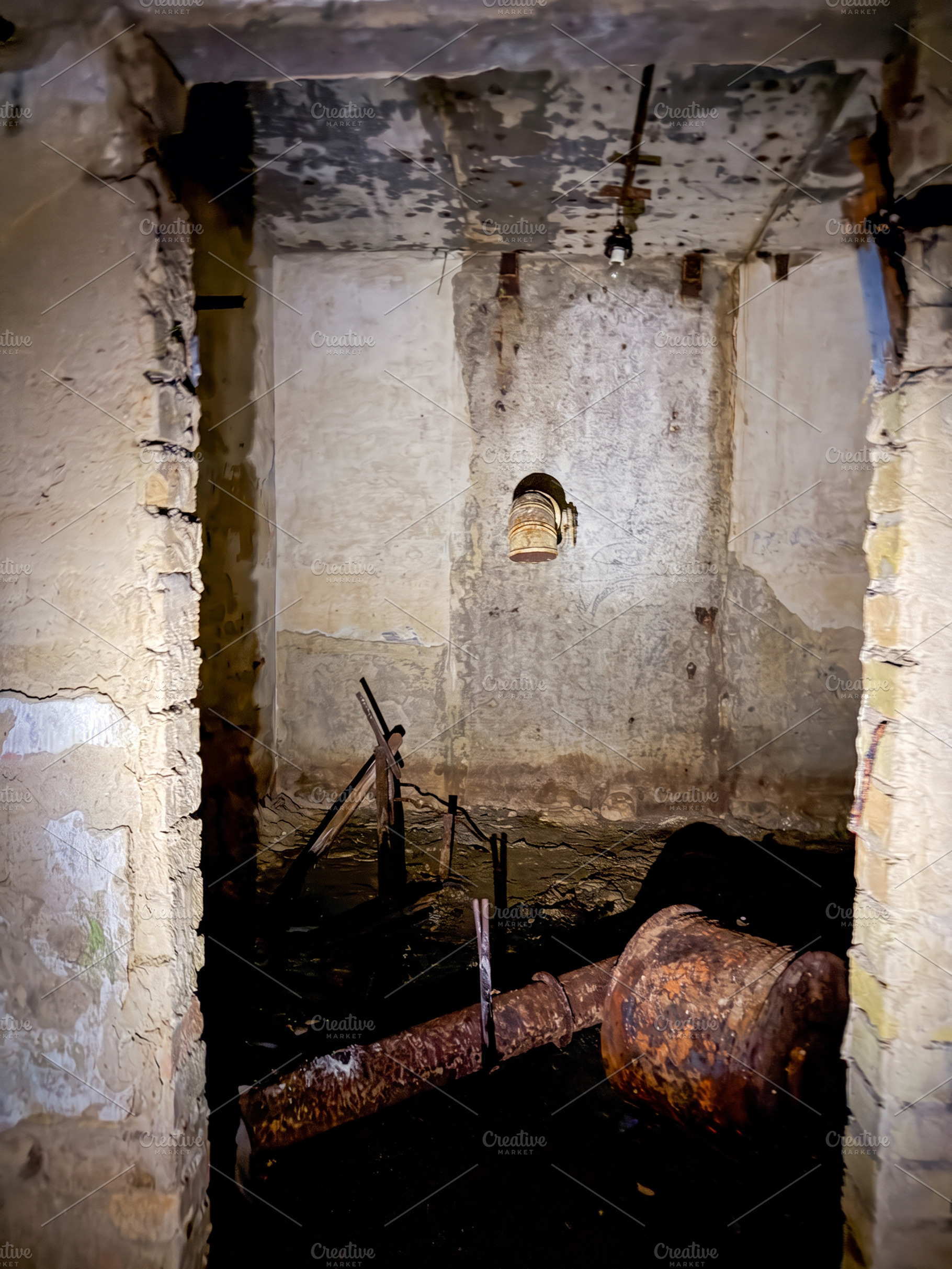 Dark abandoned room with old plumb pipes, an Architecture Photo by Vapi