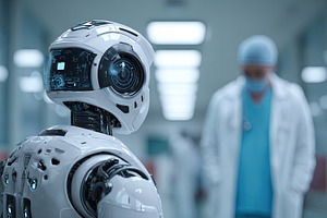 Advanced white robot in a modern hospital corridor, facing a blu, an Abstract Photo by Ales Munt