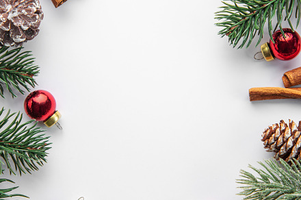 Christmas background with fir tree and decor. Top view with copy, a Holiday Photo by Olena Rudo