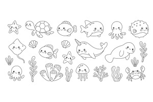 Minimalist outline of marine animals, an Animal Illustration by GraphiShop
