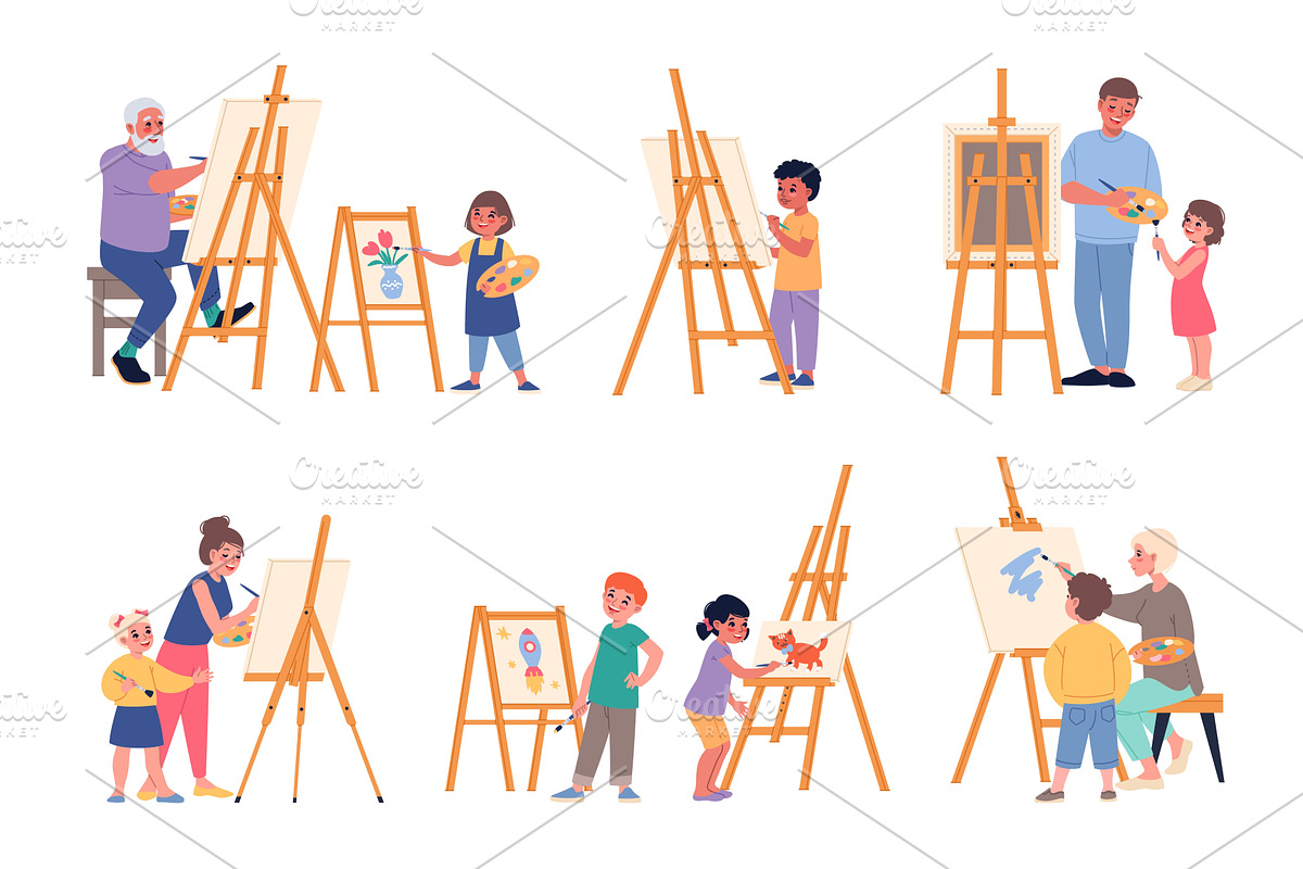 Children with easels. Little art, an Object Illustration by YummyBuum