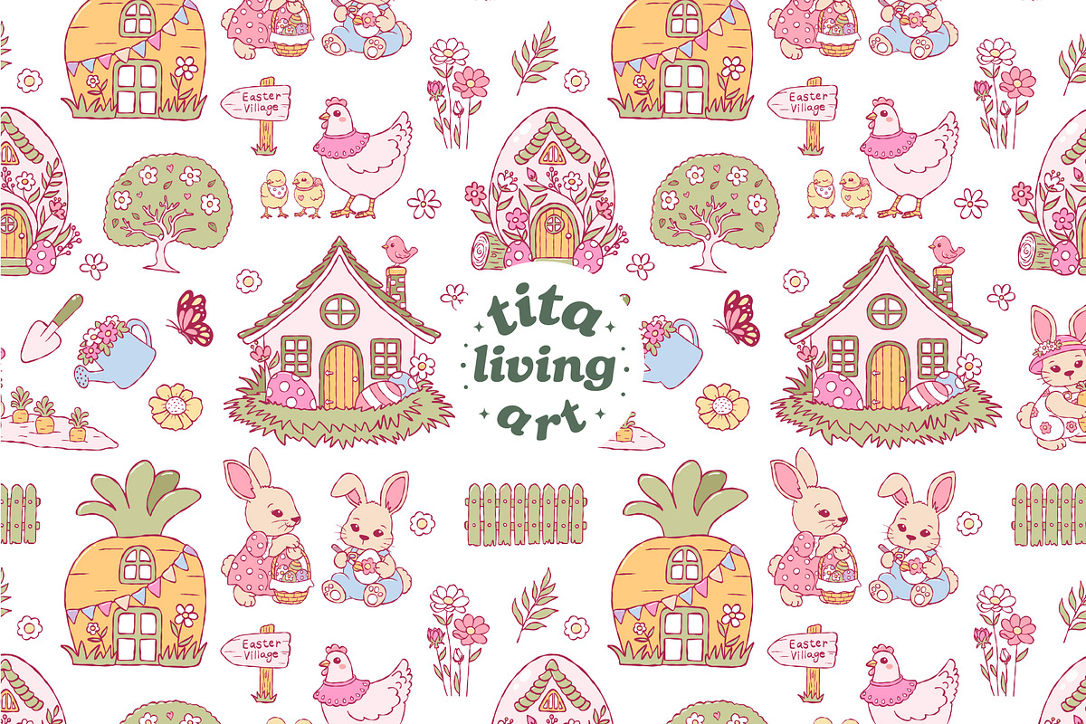 Easter Village Seamless Pattern, a Seasonal Illustration by TitaLivingArt (Photo 2 of 13)