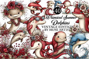 Whimsical Summer Dolphins Clipart, an Illustration by DreamArtGraphic