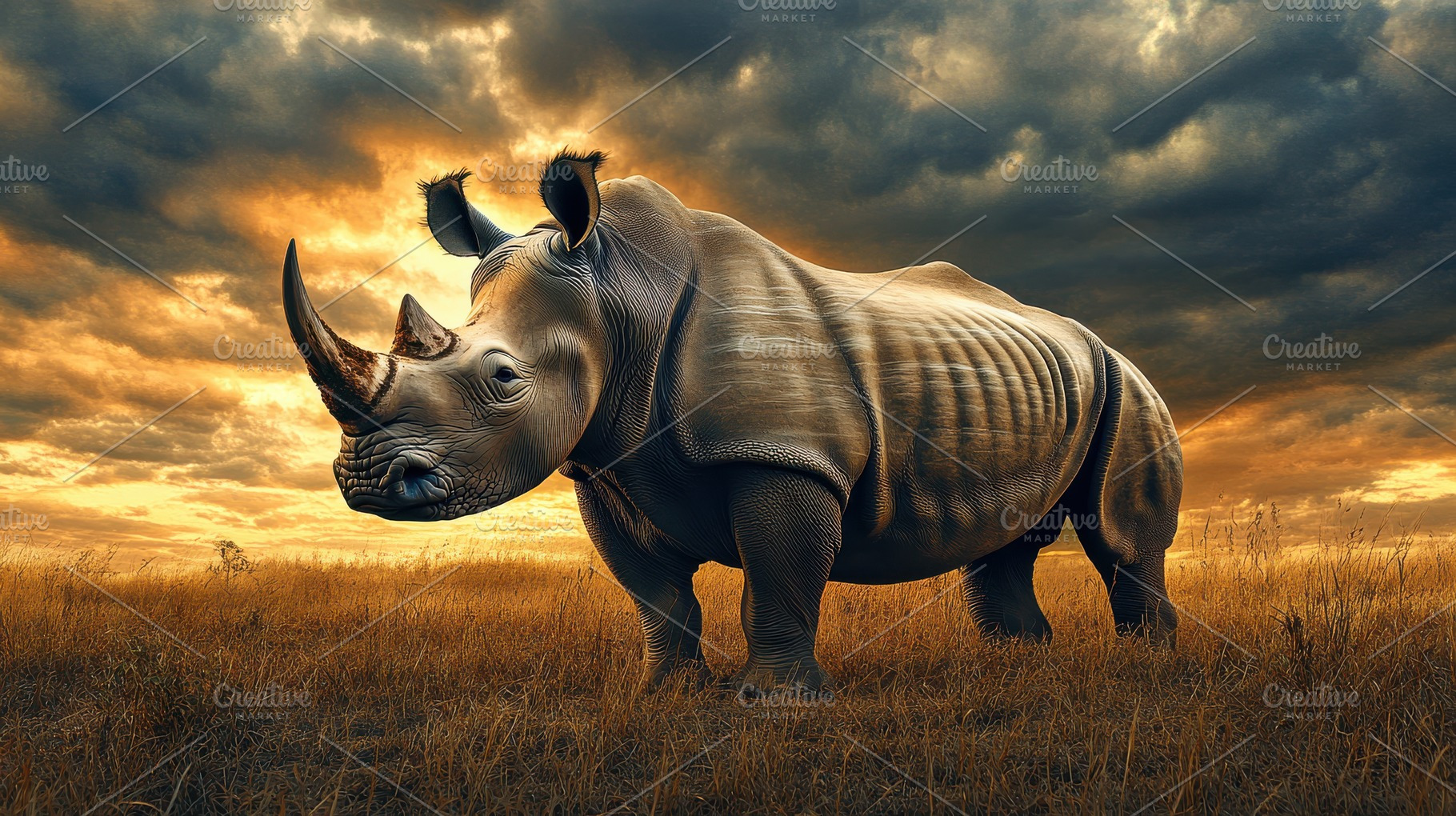 Rhino in golden field under dramatic, an Animal Photo by Pixeness Studio