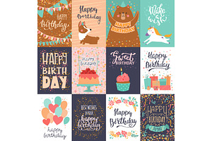 Happy Birthday Card Vector Anniversary Greeting Postcard With Lettering And Kids Birth Party Invitation With Cake Or Gifts Illustration Set Of Childs 