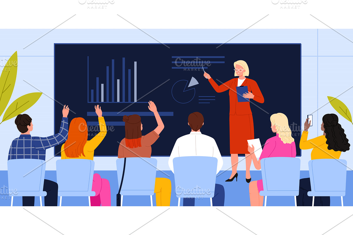 A teacher presents data charts to an, an Education Illustration by Flashvector