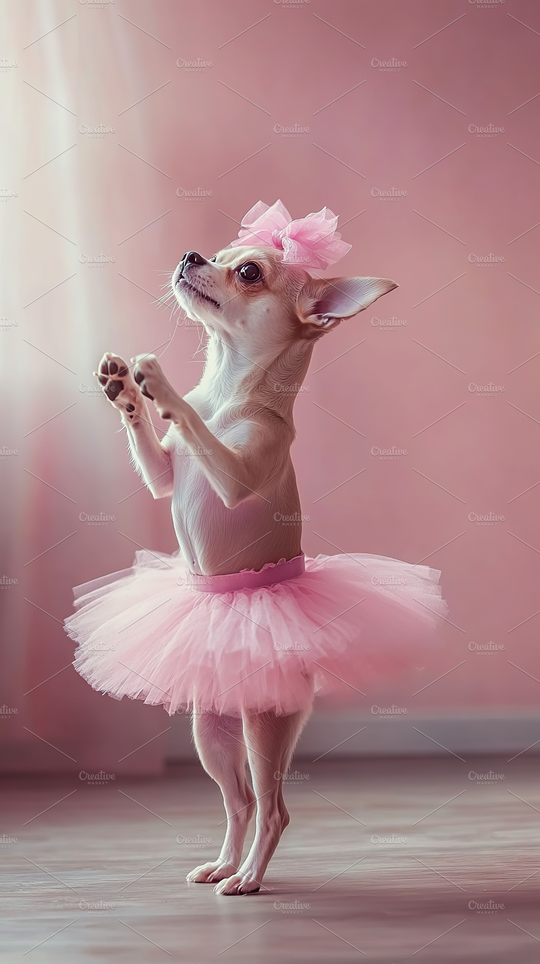Dog in pink tutu standing on hind legs in a playful pose, a Photo by AlyaAnd