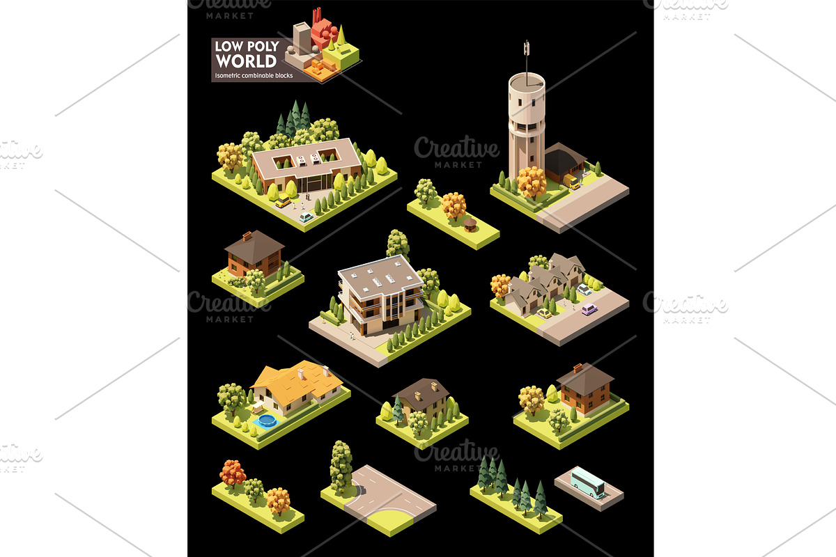 Vector isometric town map elements, a Work Illustration by tele52
