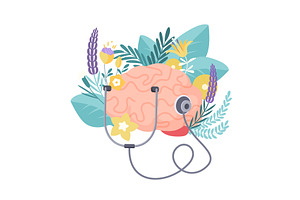 Human brain with summer flowers and, an Object Illustration by Lemberg Vector