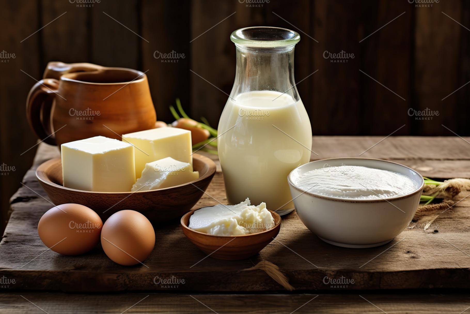 Fresh dairy products on wooden background, a Food & Drink Photo by AlyaAnd